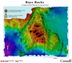 In this view, the black area is either where land is located, or it represents the margins of the survey . Bentick Island appears at the top of the picture. Great Race Rocks, where the light station is located is the large island in the center of the picture. Shoreline margins are not yet accurate. The present boundaries of the Ecological reserve are more or less the outer limits of the red area at 36 meters.