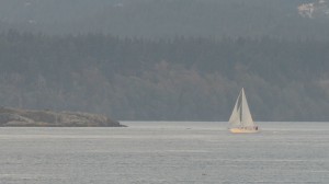 The Pearson College sailboat Amatoana seen in the distance returning to Pedder Bay from a project week trip.