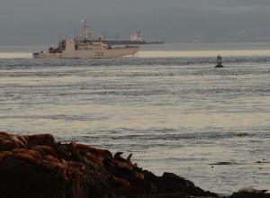 HMCS Edmonton, a coastal defence vessel from the Canadian Navy, passes just south of the bouy marking Rosedale Rock. Nov. 7, 2014. Photo by Nick Townley