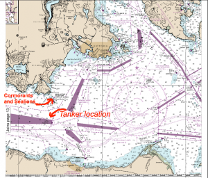 A map showing the location of the tanker lanes, within 3-5 nautical miles of Race Rocks.