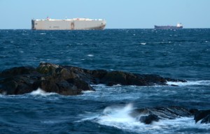 The car carrier Seven Seas Highway and another cargo ship pass within a few kilometres southeast of Race Rocks Ecological Reserve. Nov. 12, 2014. Photo by Nick Townley