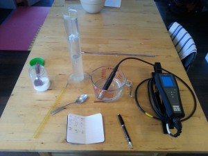 checking calibration of YSI unit against analog hydrometer and thermometer